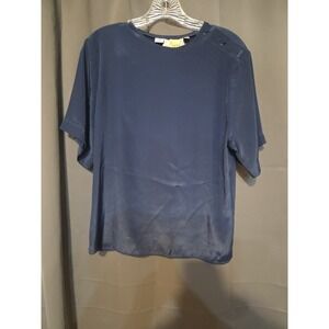 Peters & Ashley Blue Blouse, Women's Size 8 Shirt, Crew Neck Top Button Shoulder